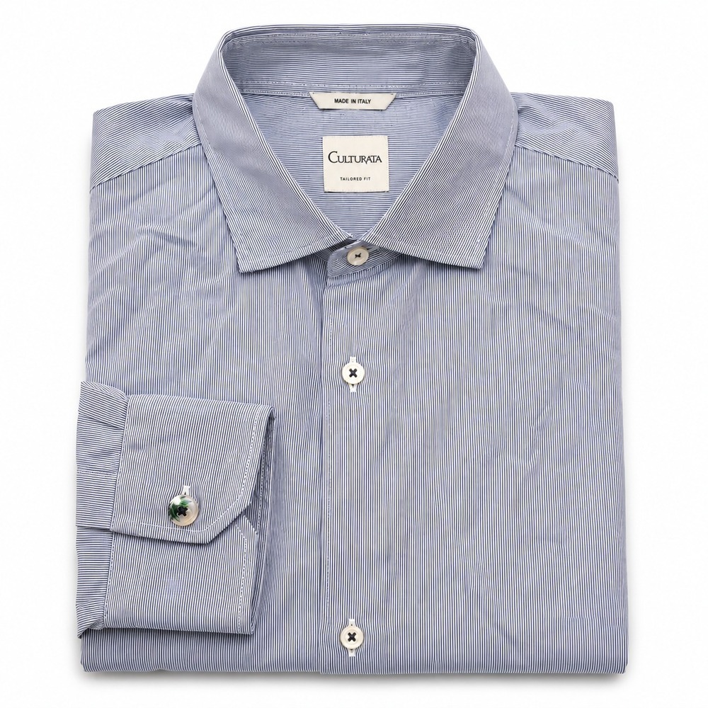 Culturata Button Front Dress Shirt Men's 17.5 XL Blue Pleated Accent Mini Stripe